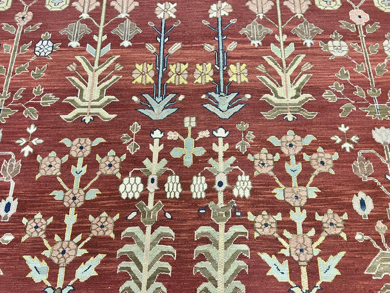 Indian Rug 10x14, Wool Hand Knotted Flatweave Carpet, Tree of Life, Red and Green by Jewel Rugs