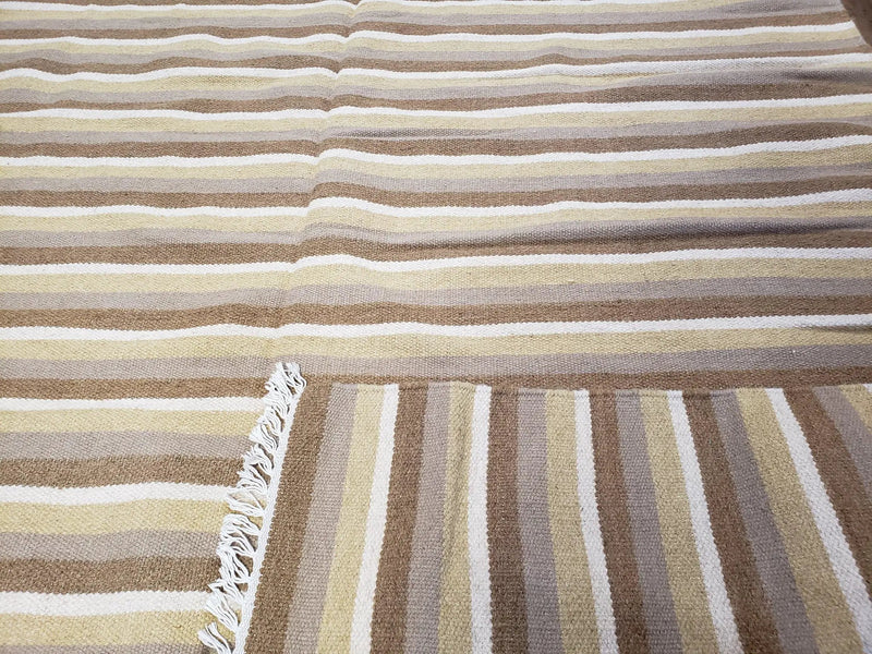 Indian Striped Blanket 6x9, Large Indo Kilim Area Rug, Earthern Tones Woolen Hand-Woven Flatweave South American Style Queen Size Bedspread by Jewel Rugs