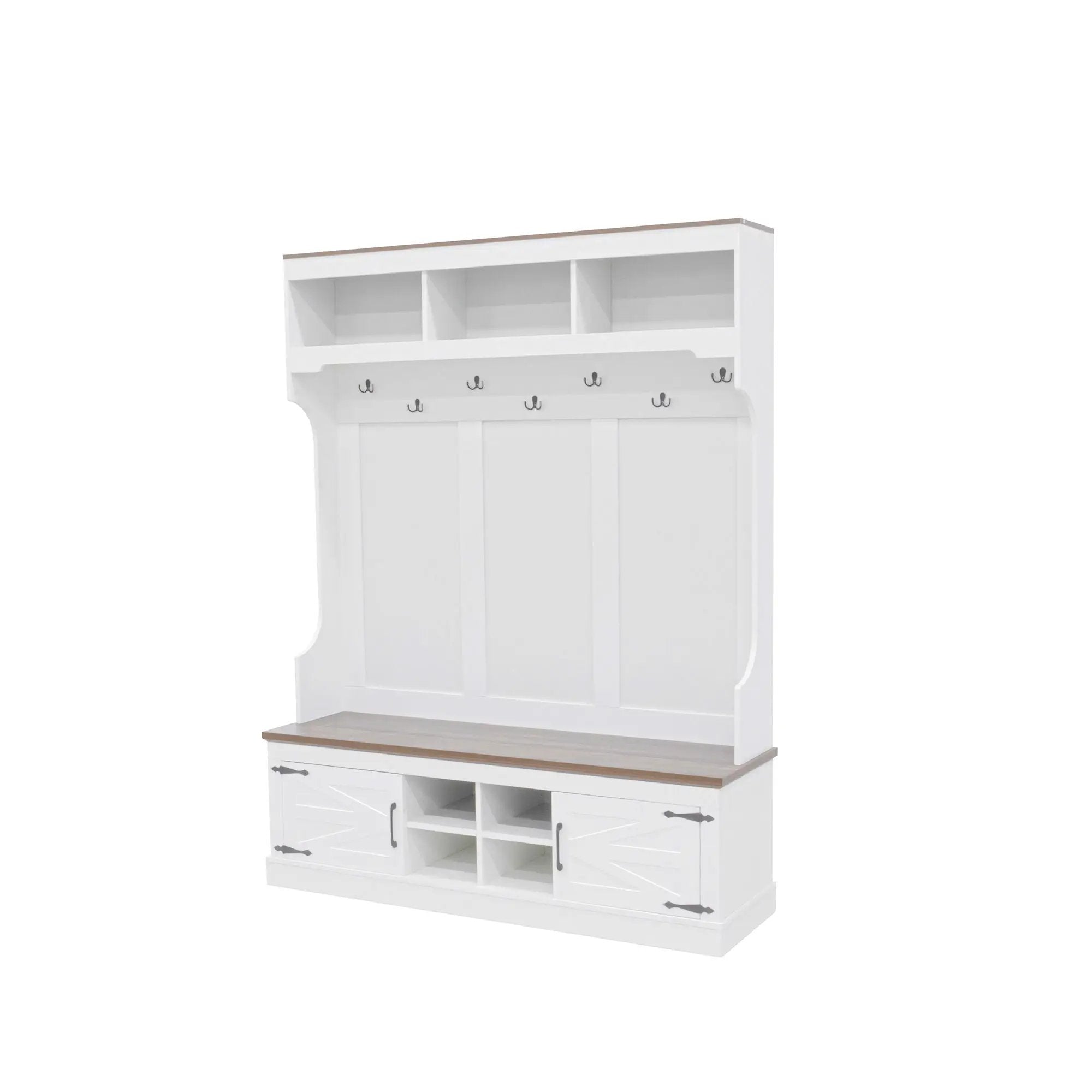 Hall Tree With Bench And Shoe Storage, 5 In 1 Entryway Organizer Cabinet With Coat Rack, 4 Shoe Cubbies & 7 Hooks - White by HouseOfZazla