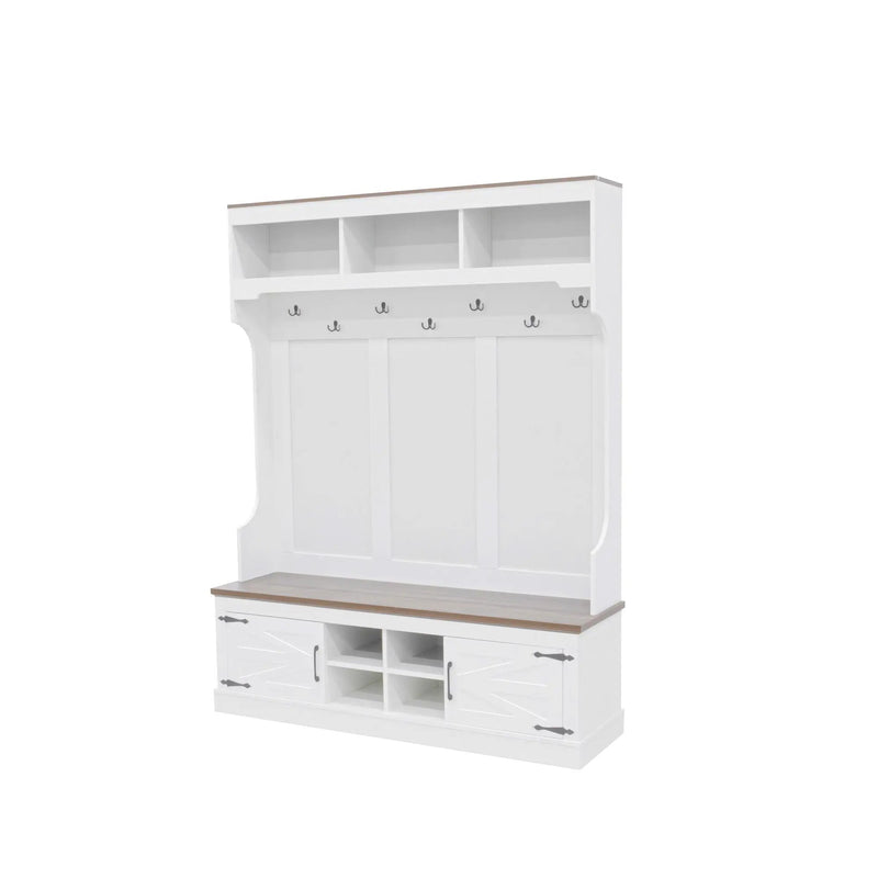 Hall Tree With Bench And Shoe Storage, 5 In 1 Entryway Organizer Cabinet With Coat Rack, 4 Shoe Cubbies & 7 Hooks - White by HouseOfZazla