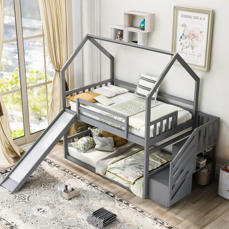 Twin Over Twin House Bunk Bed With Convertible Slide, Storage Staircase by HouseOfZazla