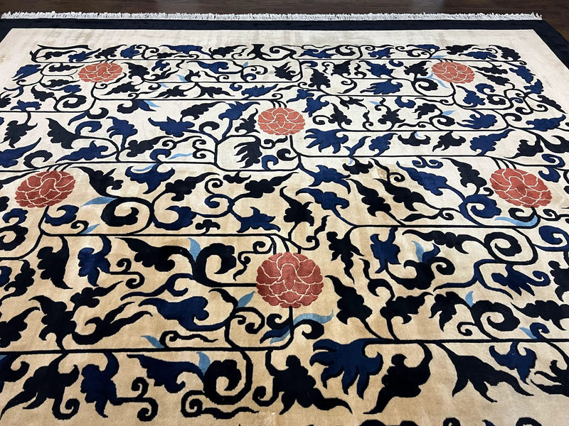 Antique Chinese Peking Rug 10x14, Beige Black, Handmade Wool Art Deco Carpet by Jewel Rugs