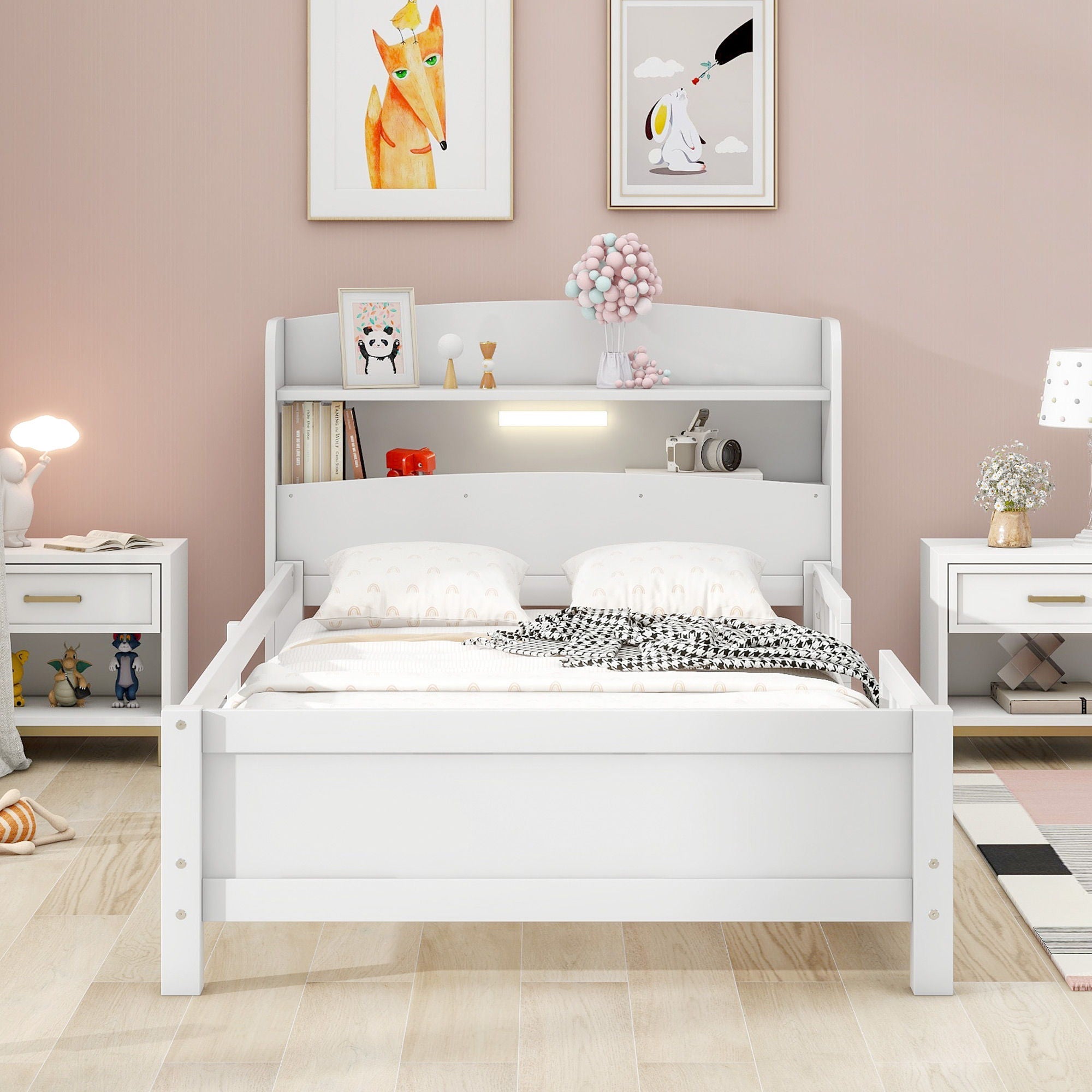 Wood Platform Bed With Built In LED Light, Storage Headboard And Guardrail by Unique Piece Furniture