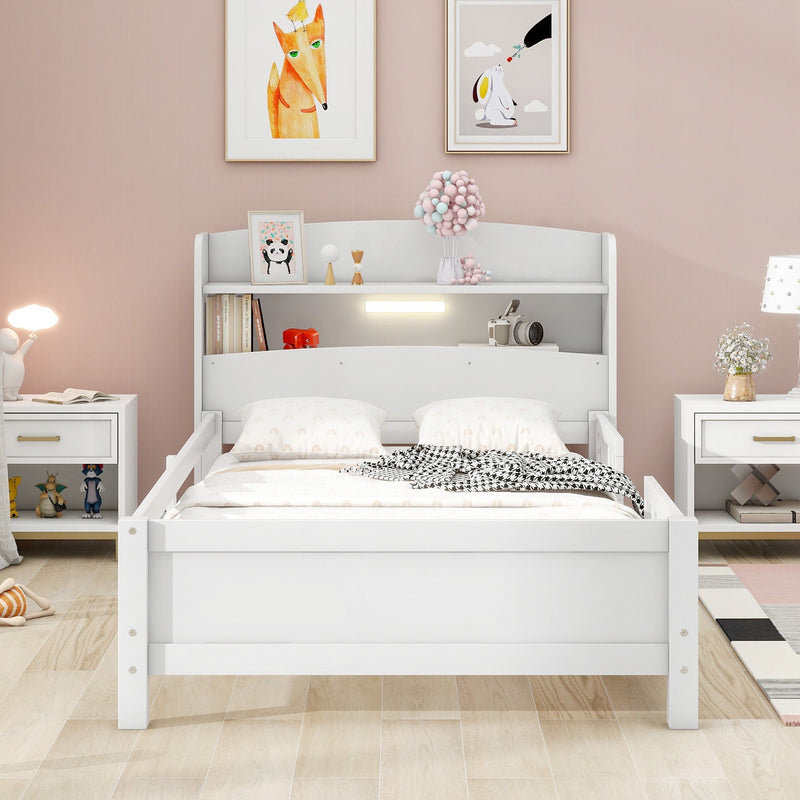 Wood Platform Bed With Built In LED Light, Storage Headboard And Guardrail by Unique Piece Furniture