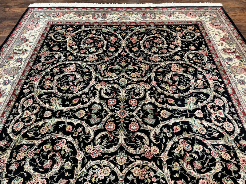 Black Pak Persian Rug 8x11, Floral Pattern, Hand Knotted Vintage Wool Rug with Silk Highlights, Fine 200 KPSI by Jewel Rugs