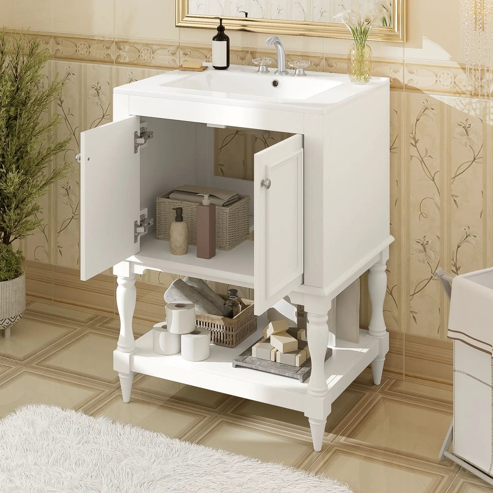 Modern Bathroom Vanity With Sink, Rectangular Cabinet With Open Shelf And Closed Storage by Unique Piece Furniture
