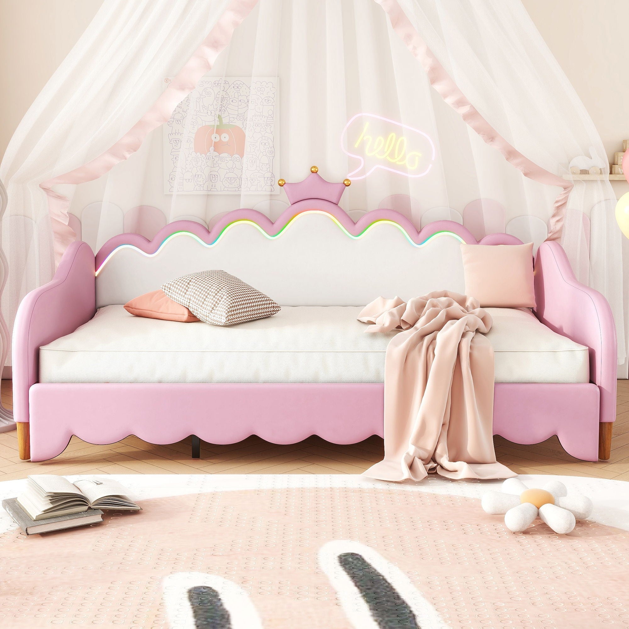 Extending Daybed With LED Lights, Modern Upholstered Princess Daybed With Crown Headboard by HouseOfZazla