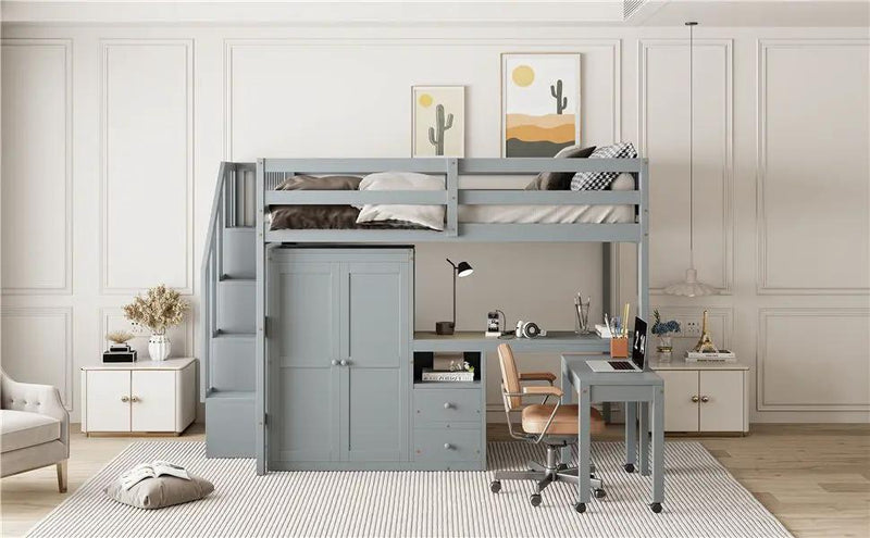Loft Bed With Stairs, Bookshelf, Drawers, Desk & Wardrobe, Space Saving Multifunctional Furniture by HouseOfZazla