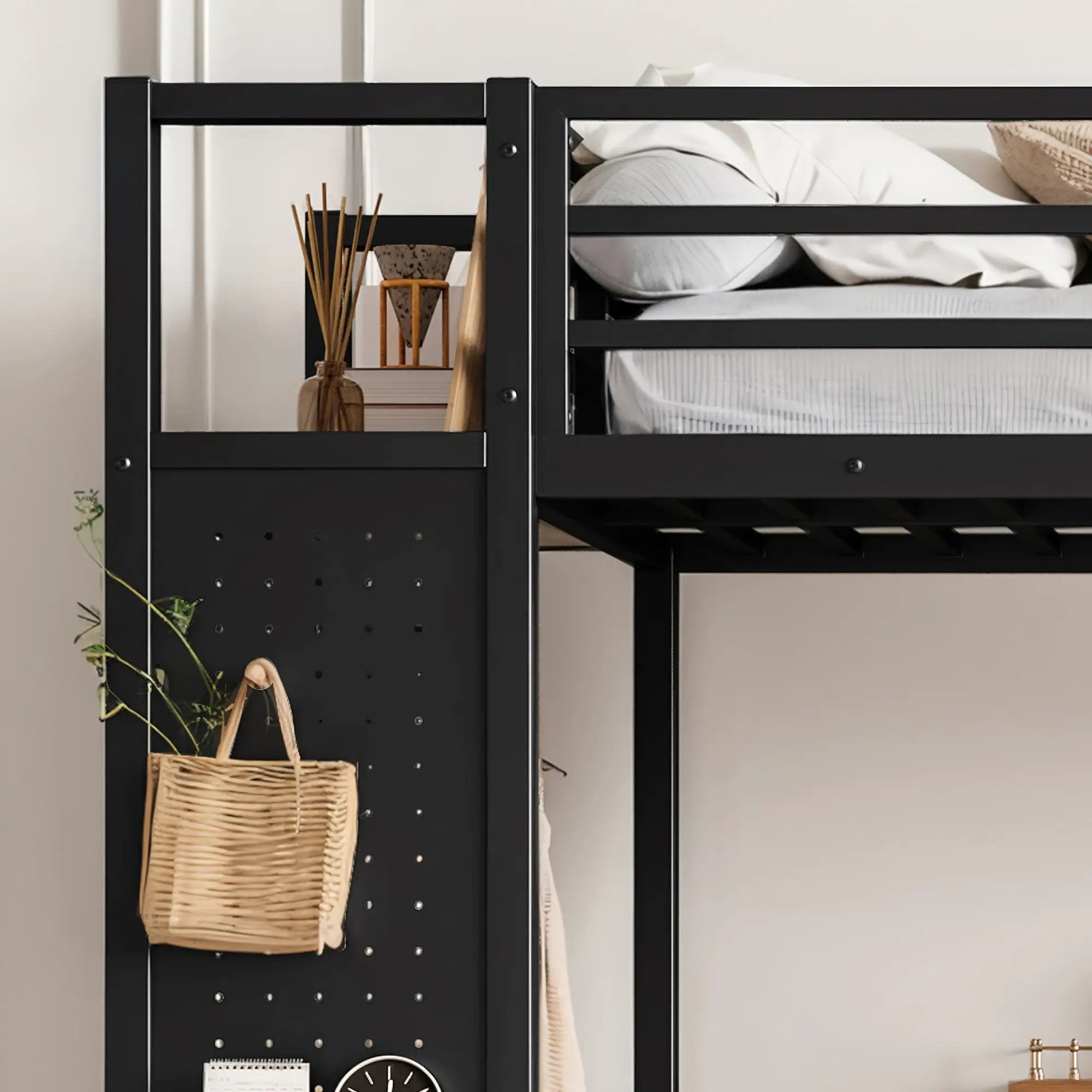 Twin XL Over Twin XL Metal Bunk Bed with Storage Shelves by HouseOfZazla