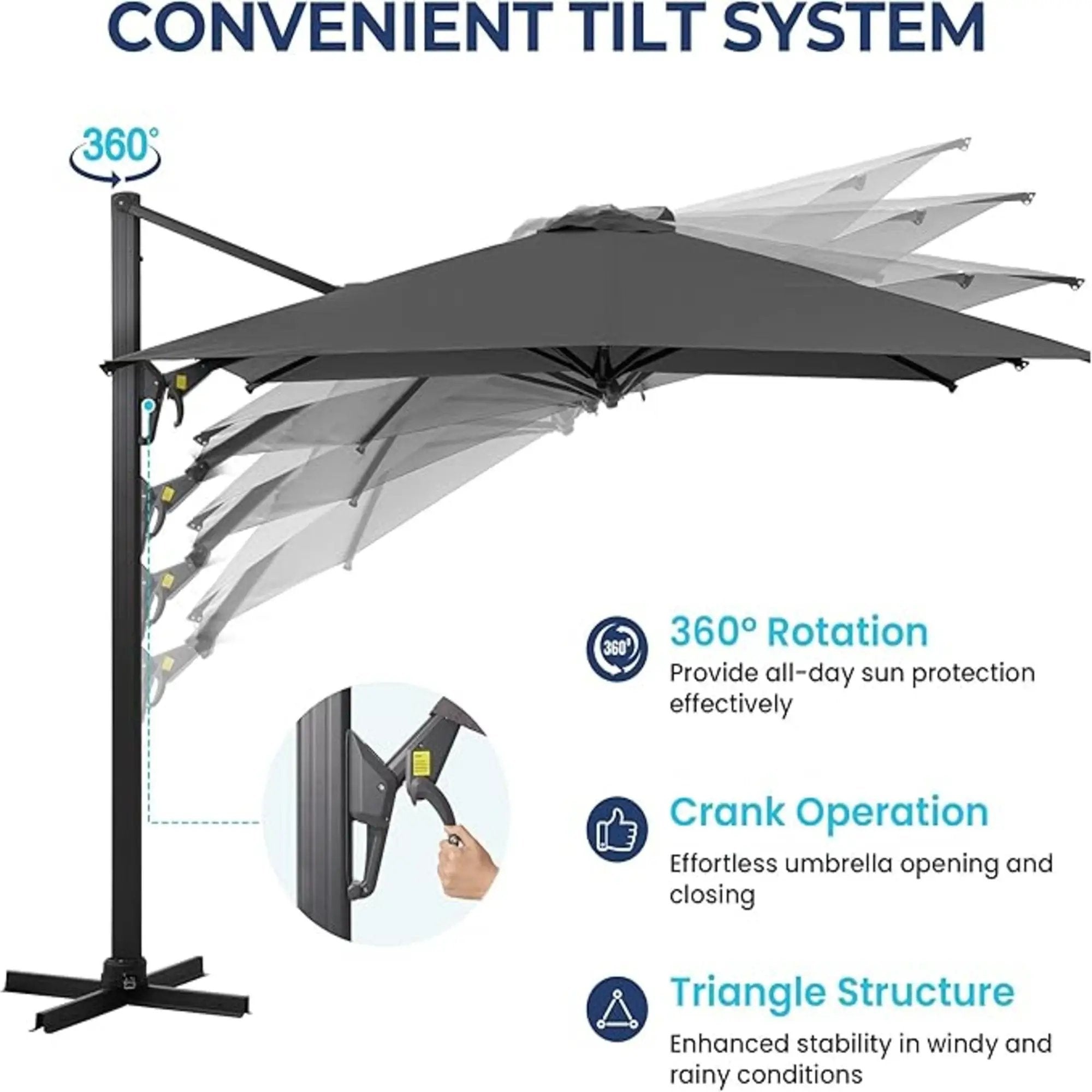 Round Cantilever Patio Umbrella With 360 Rotation & Infinite Tilt Adjustment by HouseOfZazla