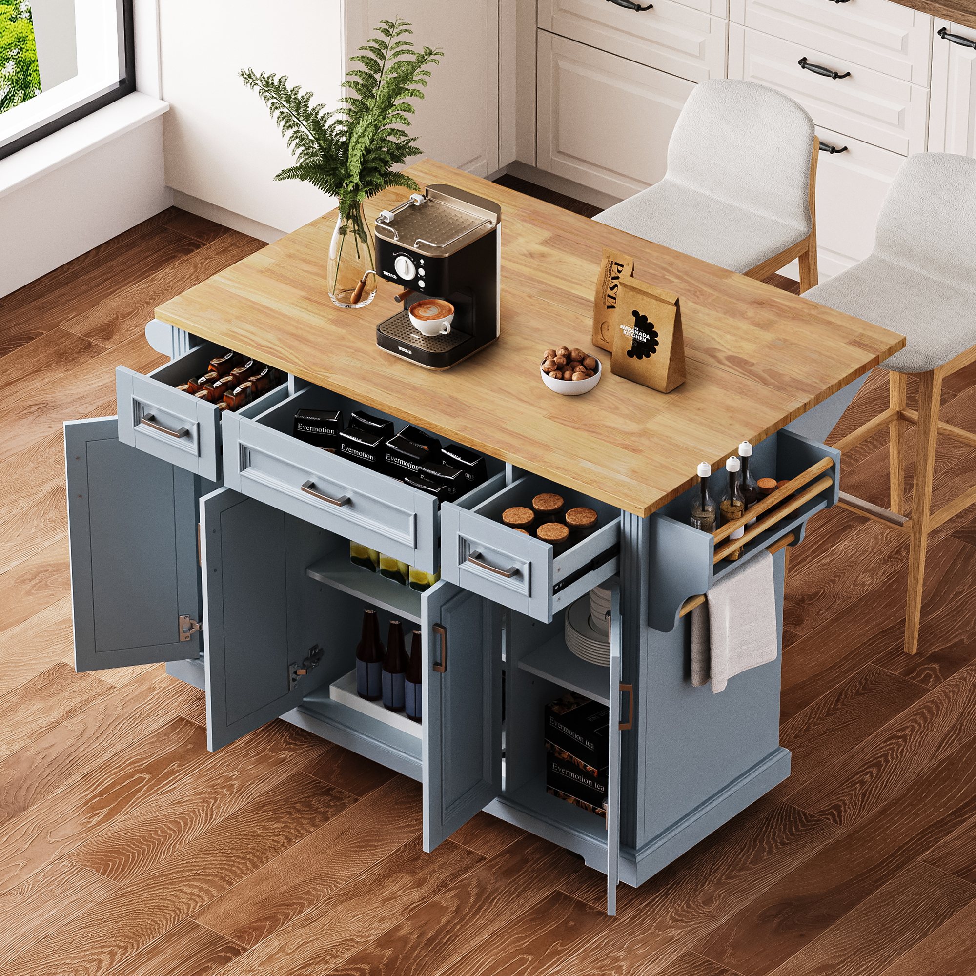 K&K 54inch Large Kitchen Island with Rubber Wood Drop Leaf by HouseOfZazla