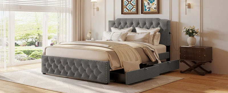 Upholstered Platform Bed With 2 Drawers And 2 Sets Of USB Ports On Each Side, Fabric by HouseOfZazla