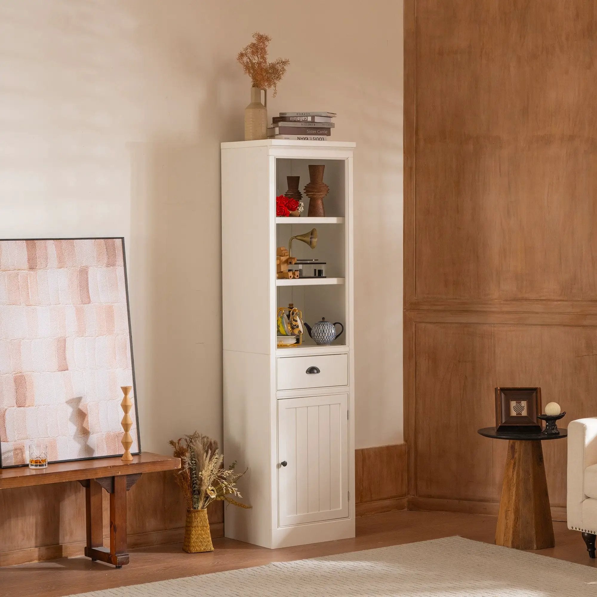 Retro Style 75'' Tall Display Shelf With Cabinet For Hallways Living Room Kitchen - White by Unique Piece Furniture