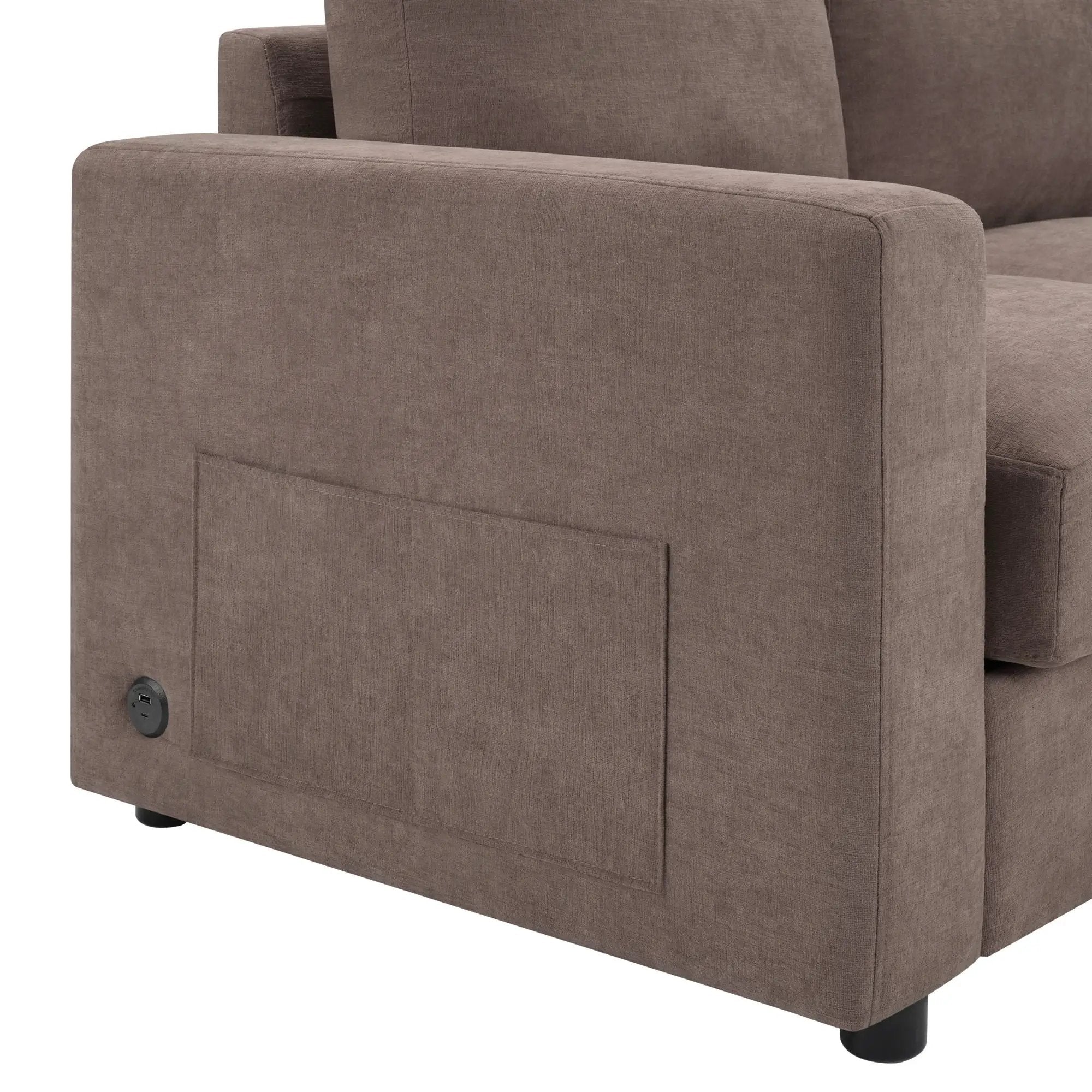 Modern L-Shaped Sectional Sofa With Curved Chaise, USB Ports, And Side Storage Pockets