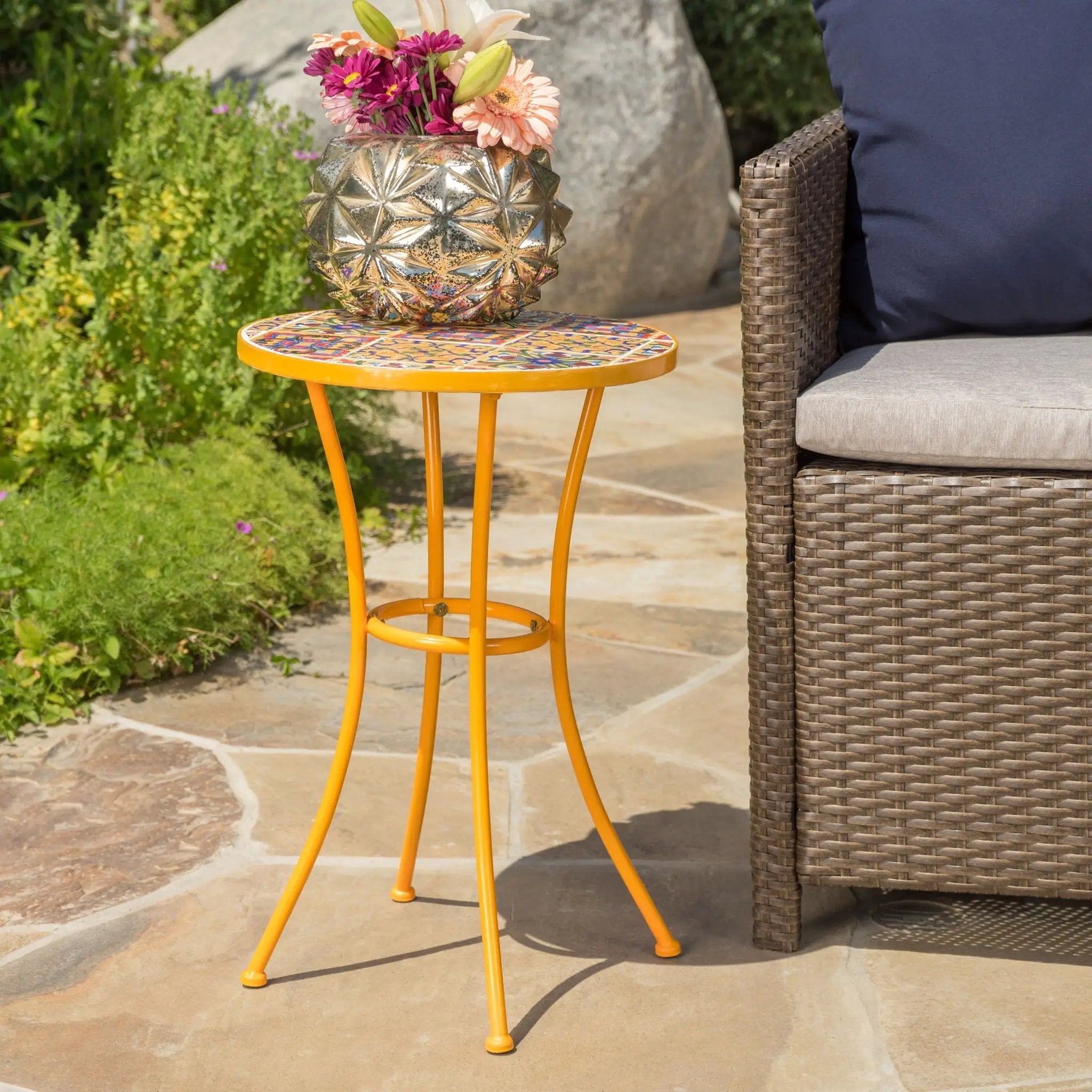 Outdoor Side Table With Tile Mosaic Table Top - Yellow by HouseOfZazla