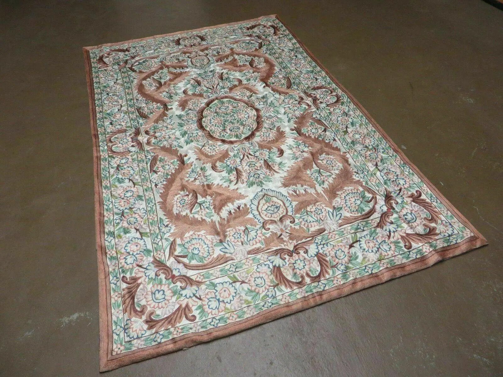 4' X 6' Vintage Embroidery Hand Stitched Rug Silk On Cotton India Backing Nice by Jewel Rugs