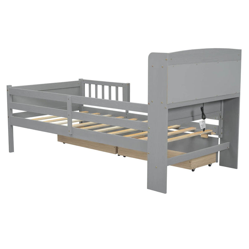 Platform Bed With LED Light, Multi Functional Headboard, Guardrail And 2 Drawers by HouseOfZazla