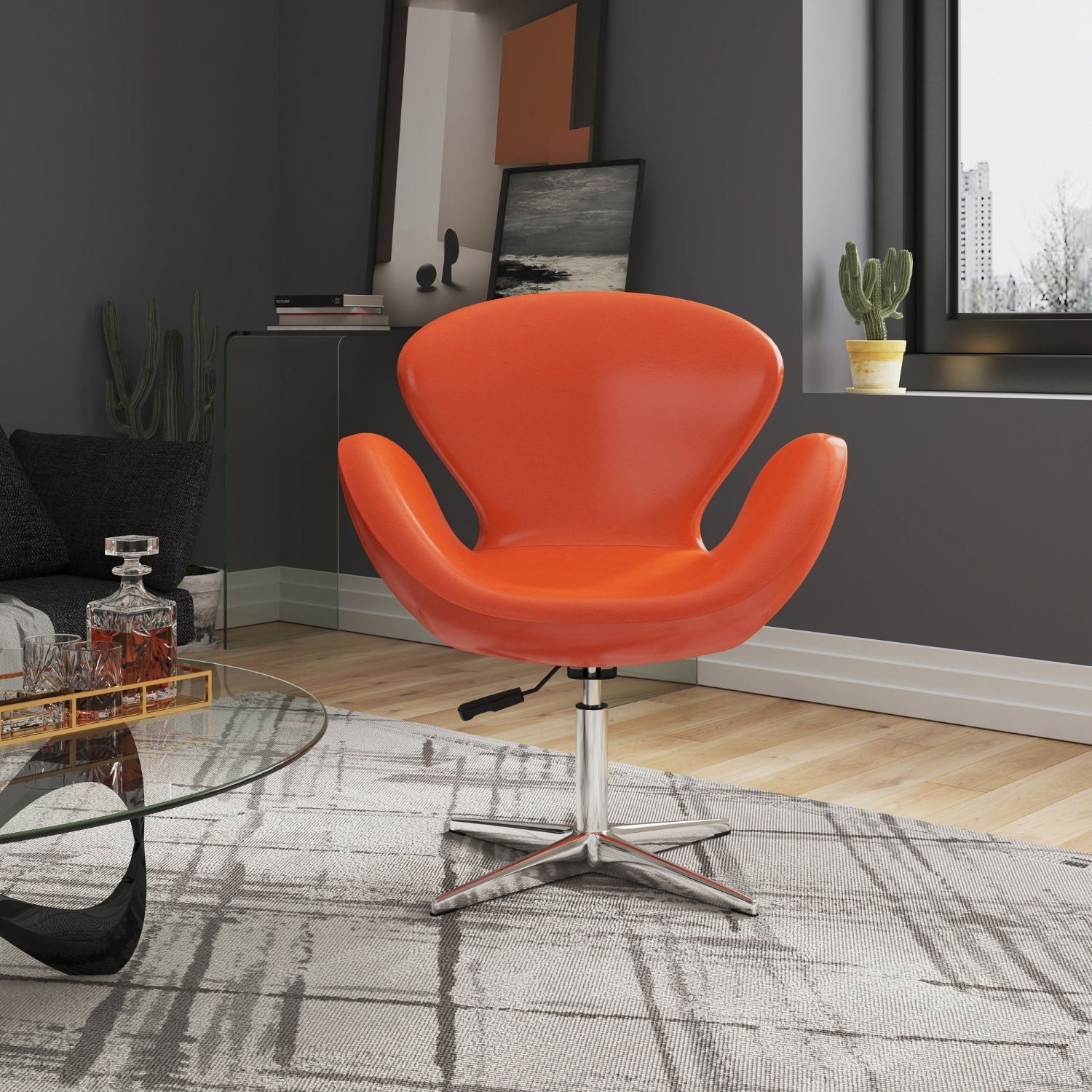 Upholstered Swivel Lounge Chair With Chrome Base And Adjustable Height - Orange by HouseOfZazla