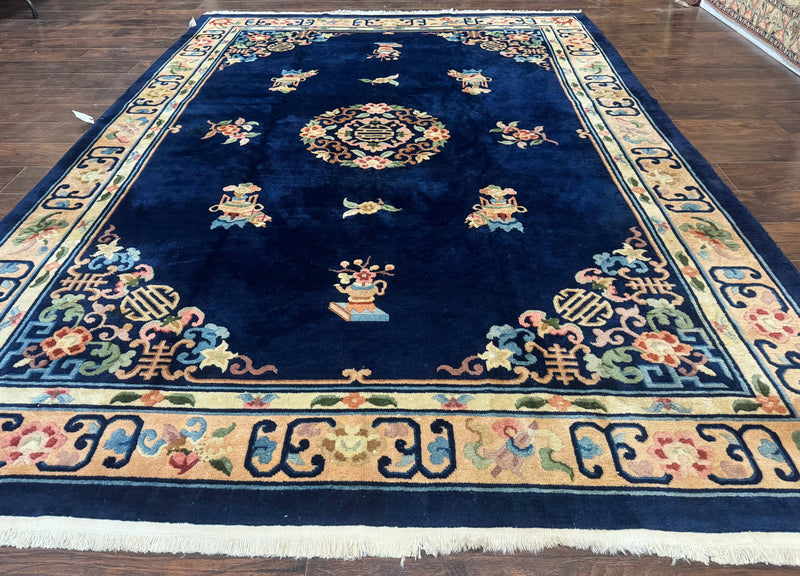 Chinese Wool Rug 8x11, Navy Blue and Beige, Simple Design, Fete Carpet by Jewel Rugs