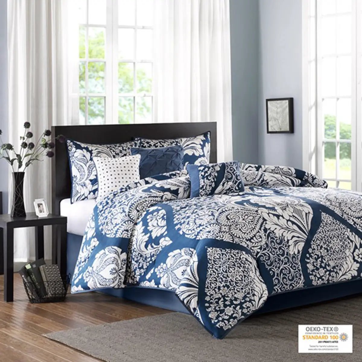 7 Piece Cotton Printed Comforter Set Indigo King by HouseOfZazla