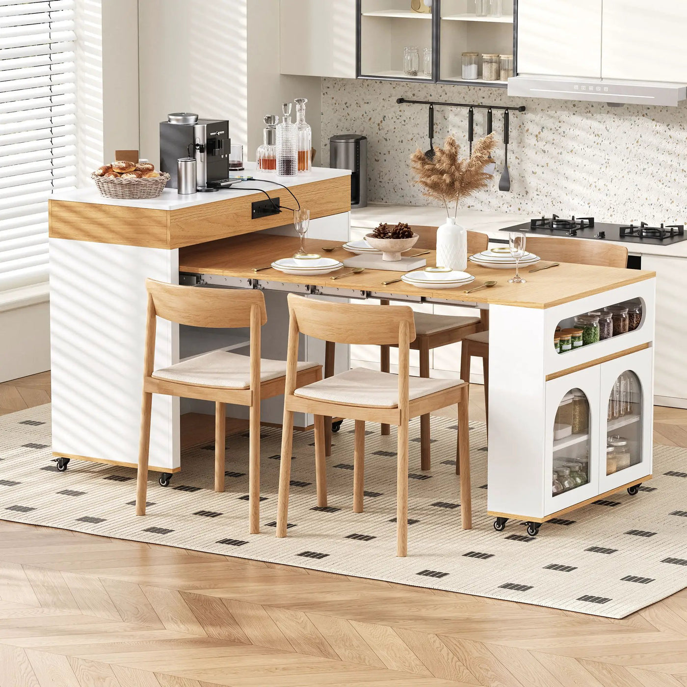 Extendable Dining Table With Folding Top, Rolling Kitchen Island With Drawers And Power Outlet by Unique Piece Furniture
