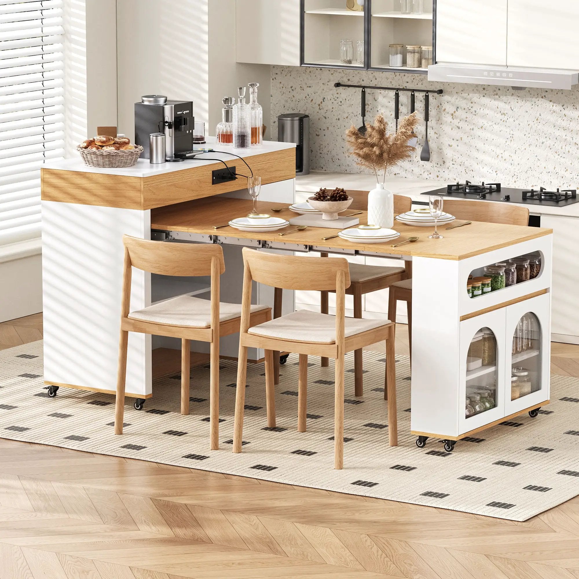 Extendable Dining Table With Folding Top, Rolling Kitchen Island With Drawers And Power Outlet by Unique Piece Furniture