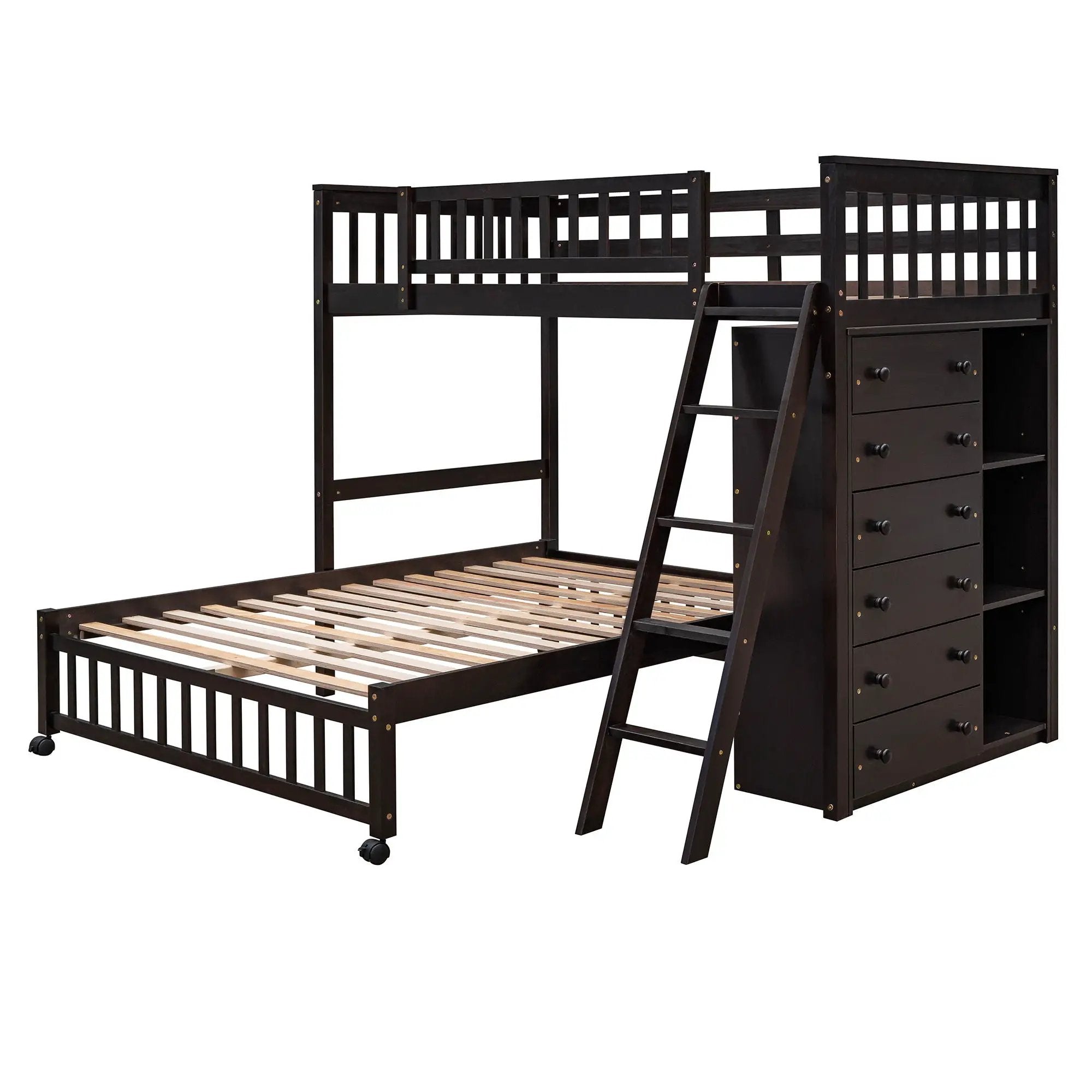 Bunk Bed With 6 Drawers And Flexible Shelves, Bottom Bed With Wheels by HouseOfZazla