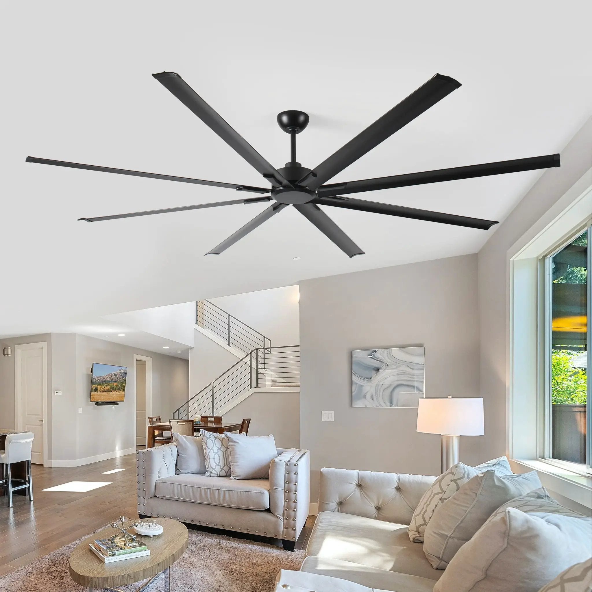 Industrial DC Motor Ceiling Fan, Large Ceiling Fan With 8 Reversible Blades, 5 Speed Remote Control, Home Or Commercial Ceiling Fans For Porch / Garage / Shop - Black by HouseOfZazla