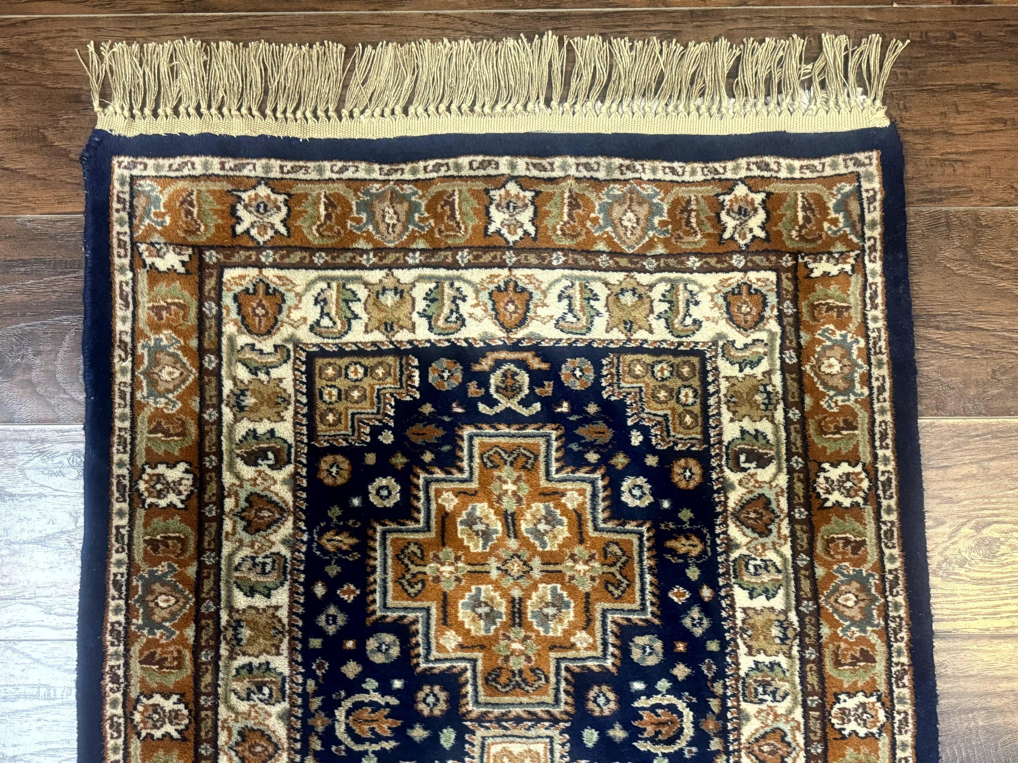 Indo Persian Runner Rug 2.6 x 12.7, Indian Kashmiri Runner for Hallway or Kitchen, Navy Blue, Geometric Medallions, Handmade Wool by Jewel Rugs