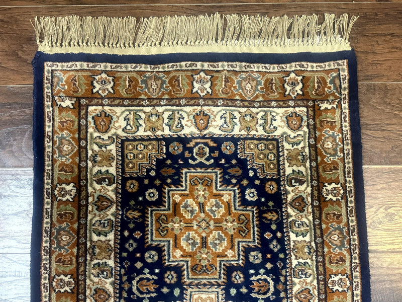 Indo Persian Runner Rug 2.6 x 12.7, Indian Kashmiri Runner for Hallway or Kitchen, Navy Blue, Geometric Medallions, Handmade Wool by Jewel Rugs