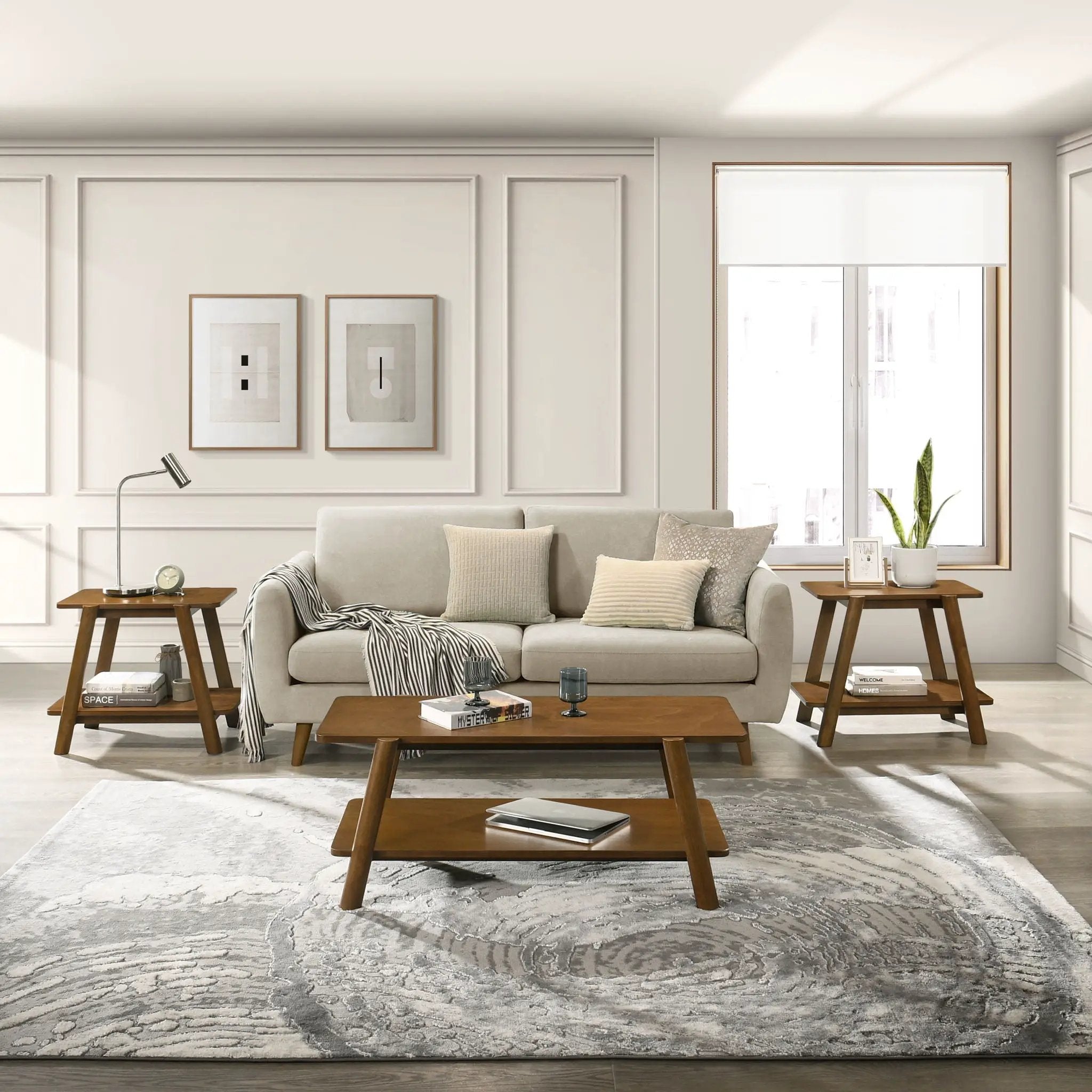 Metz - Mid-Century Modern Wood Shelf 3 Piece Coffee Table Set - Walnut by HouseOfZazla