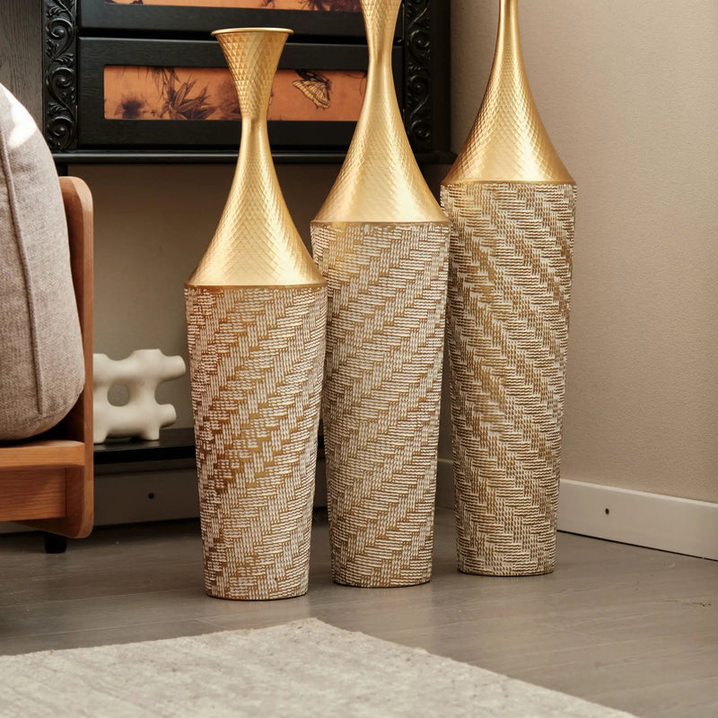 Floor Metal Vase Modern Style Decoration Home Woven Pattern Metal Vase 3 Piece Set Gorgeous Home Decoration Large Glazed Metal Vase - Champagne by HouseOfZazla