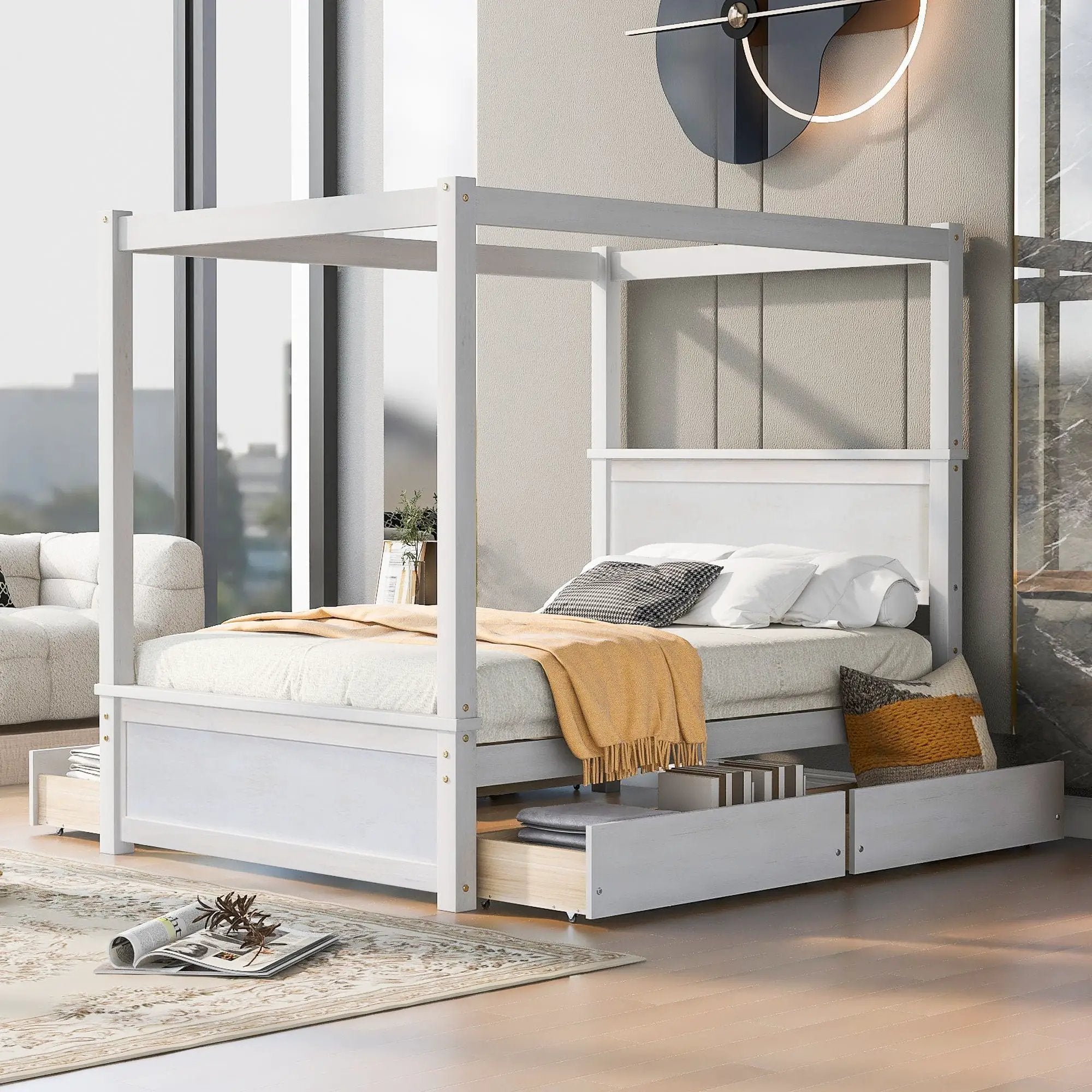 Canopy Platform Bed With Drawers, Support Slats, No Box Spring Needed by HouseOfZazla