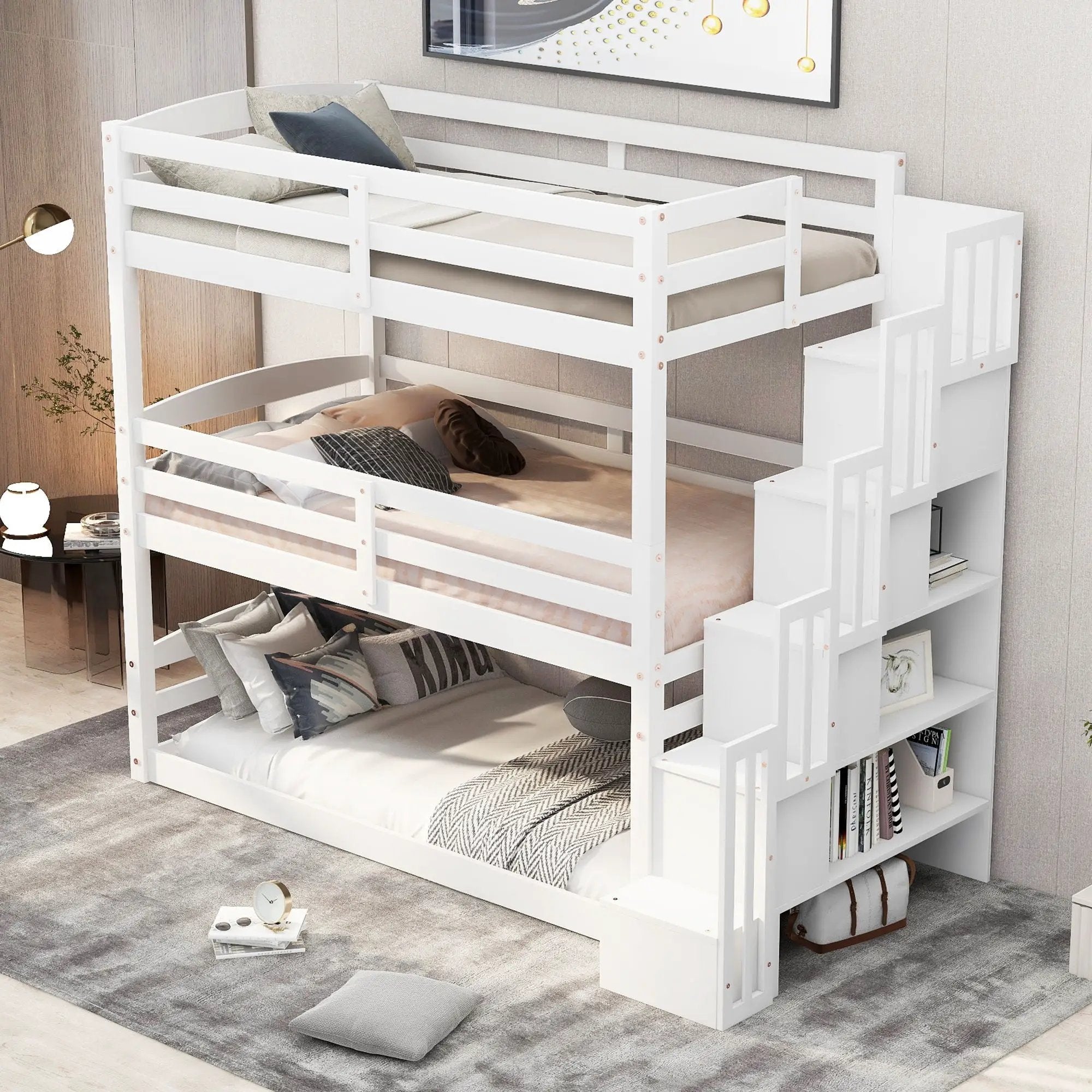 Twin Size Triple Bunk Bed With Storage Staircase, Separate Design - White by Unique Piece Furniture