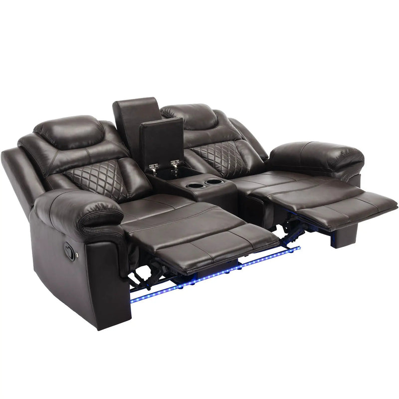 Home Theater Seating Manual Recliner Loveseat With Hide-Away Storage, Cup Holders And Led Light Strip For Living Room by HouseOfZazla