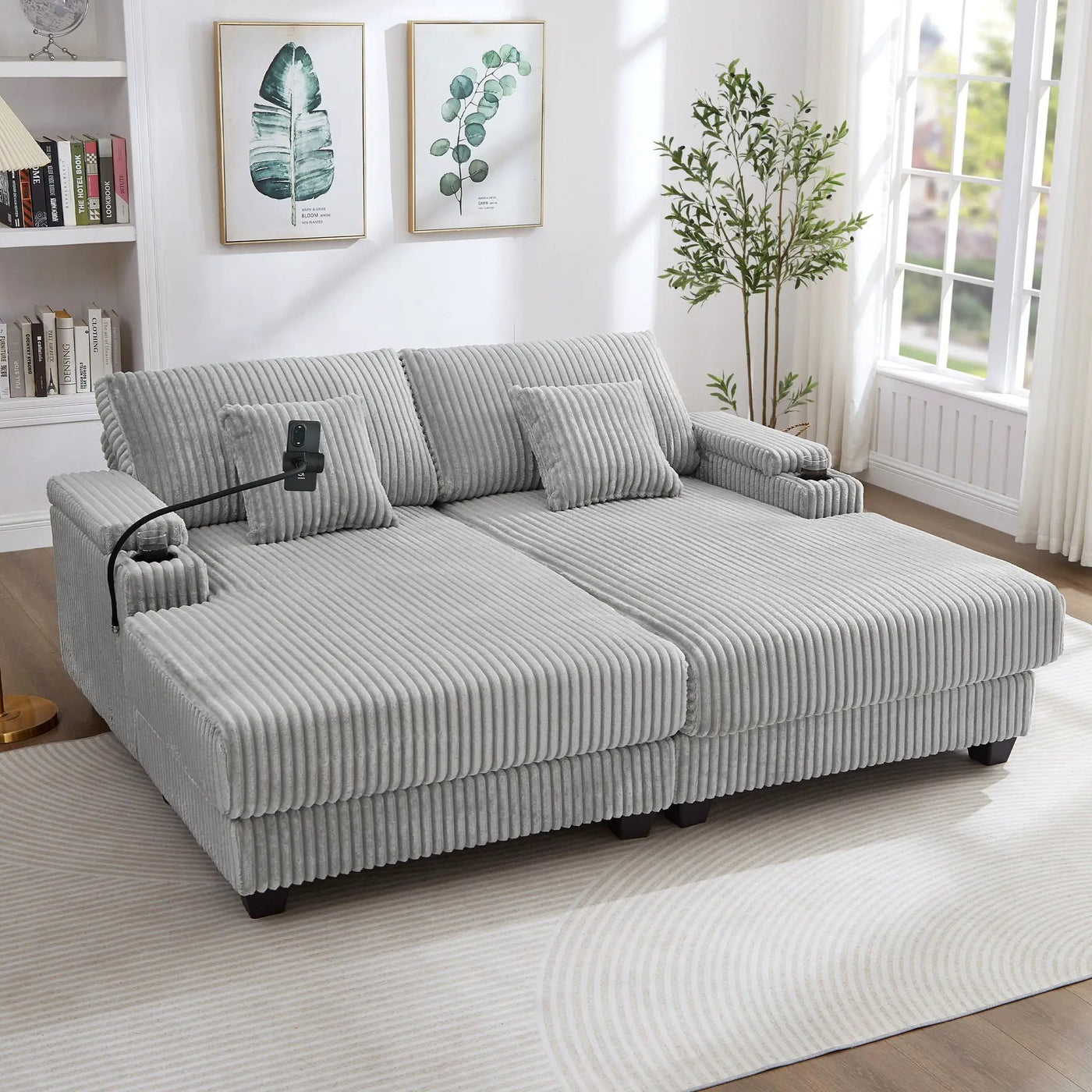 Modern Chaise Sofa With Adjustable Backrest, Cup Holders, Phone Holder & Storage Compartments For Living Room by Unique Piece Furniture