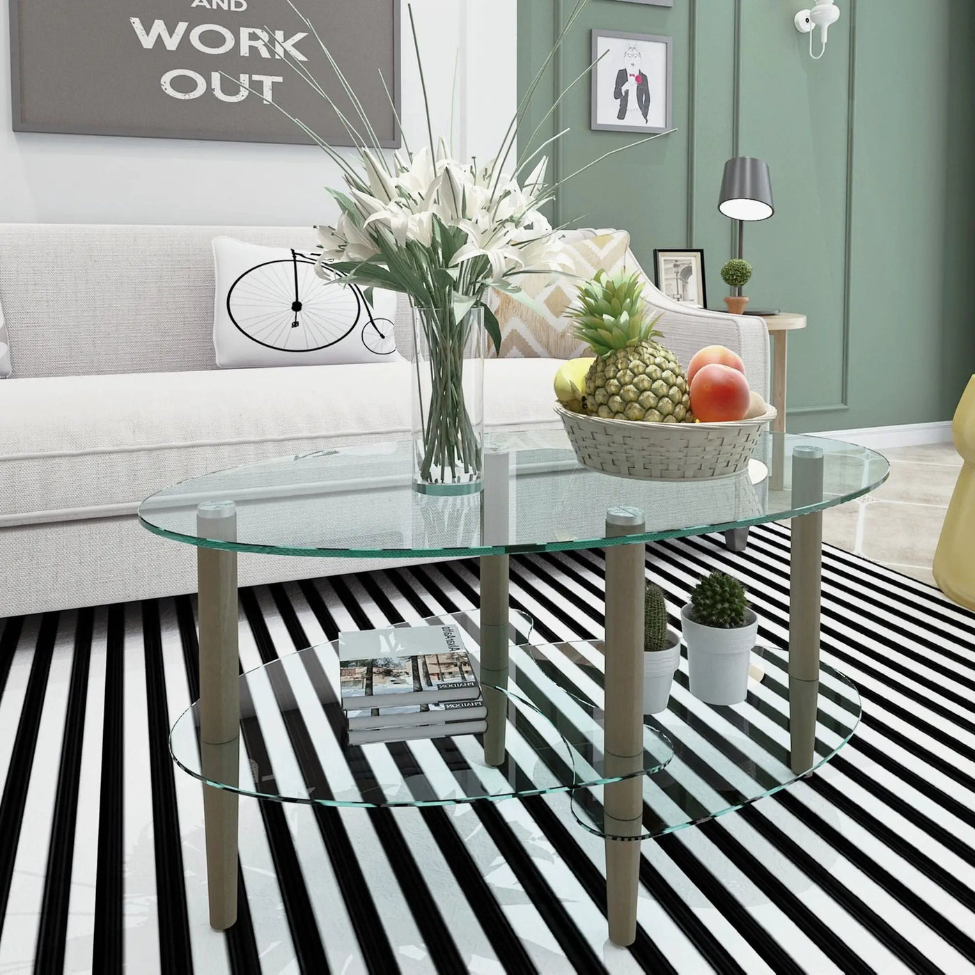 Transparent Oval Glass Coffee Table, Modern Table In Living Room Oak Wood Leg Tea Table 3-Layer Glass Table by Unique Piece Furniture