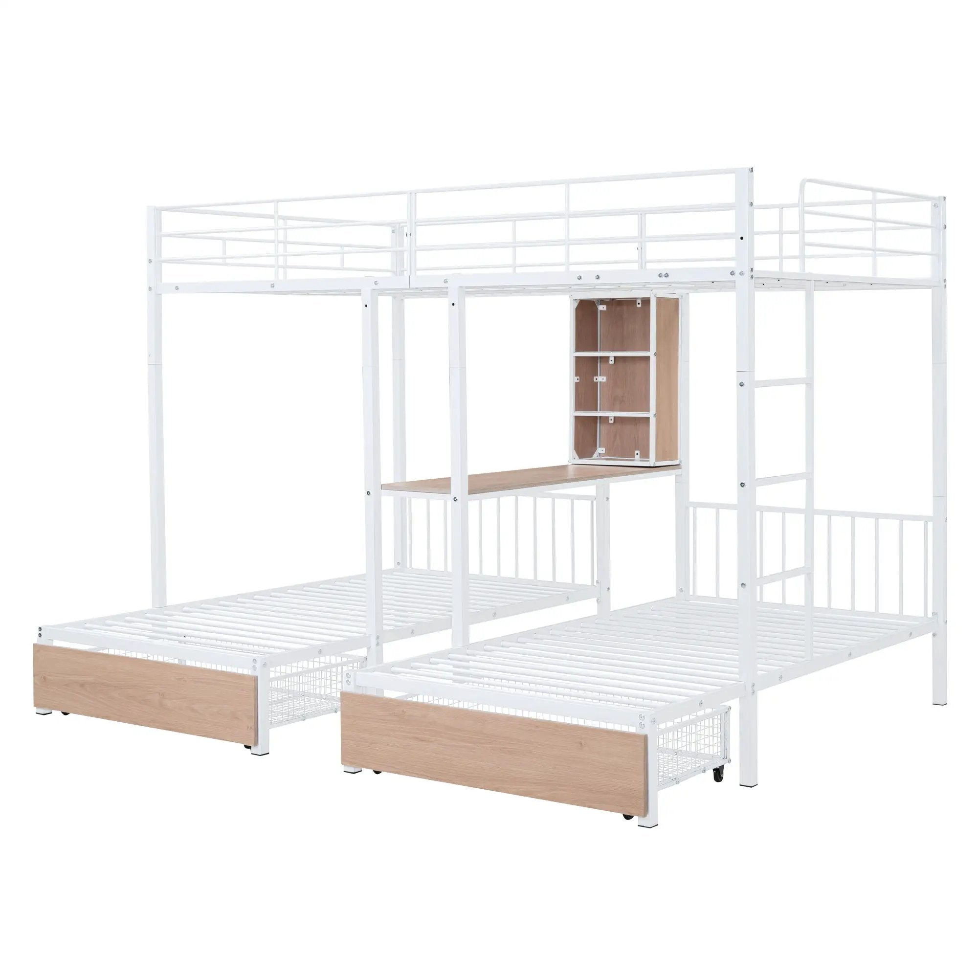 Triple Bunk Bed With Drawers, Multi-Functional Frame With Desks And Shelves In The Middle by HouseOfZazla