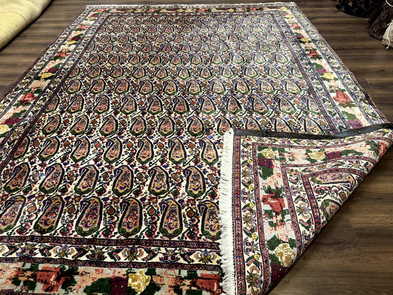 Persian Kurdish Rug 8x11, Repeated Allover Boteh Paisley Design, Bird Pictorials, Rare Antique Sannadaji Carpet by Jewel Rugs