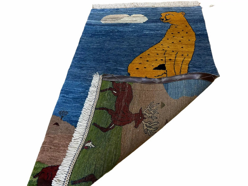 3 x 5 Handmade New Vintage Wool Blue Rug Leopard Lion Jaguar Deer Organic Dyes by Jewel Rugs