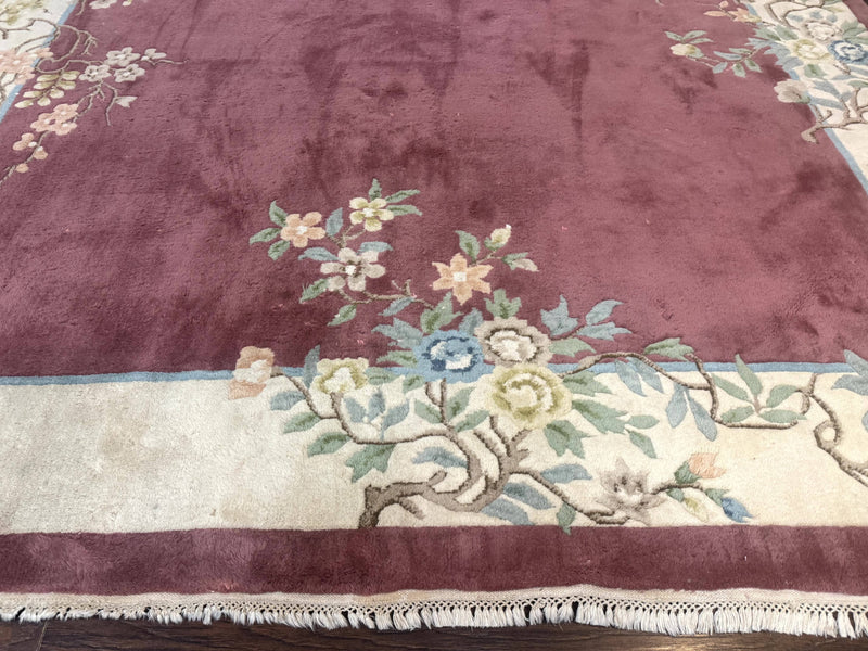 Indo Chinese Art Deco Rug 9x12, Pink and Ivory, Open Filed, Floral, Wool by Jewel Rugs