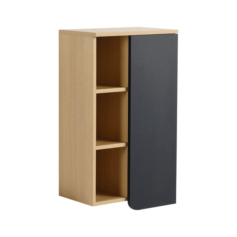 Wall Mounted Bathroom Side Cabinet, Single Door With 3 Tier Open Shelves - Black / Light Oak / White by HouseOfZazla