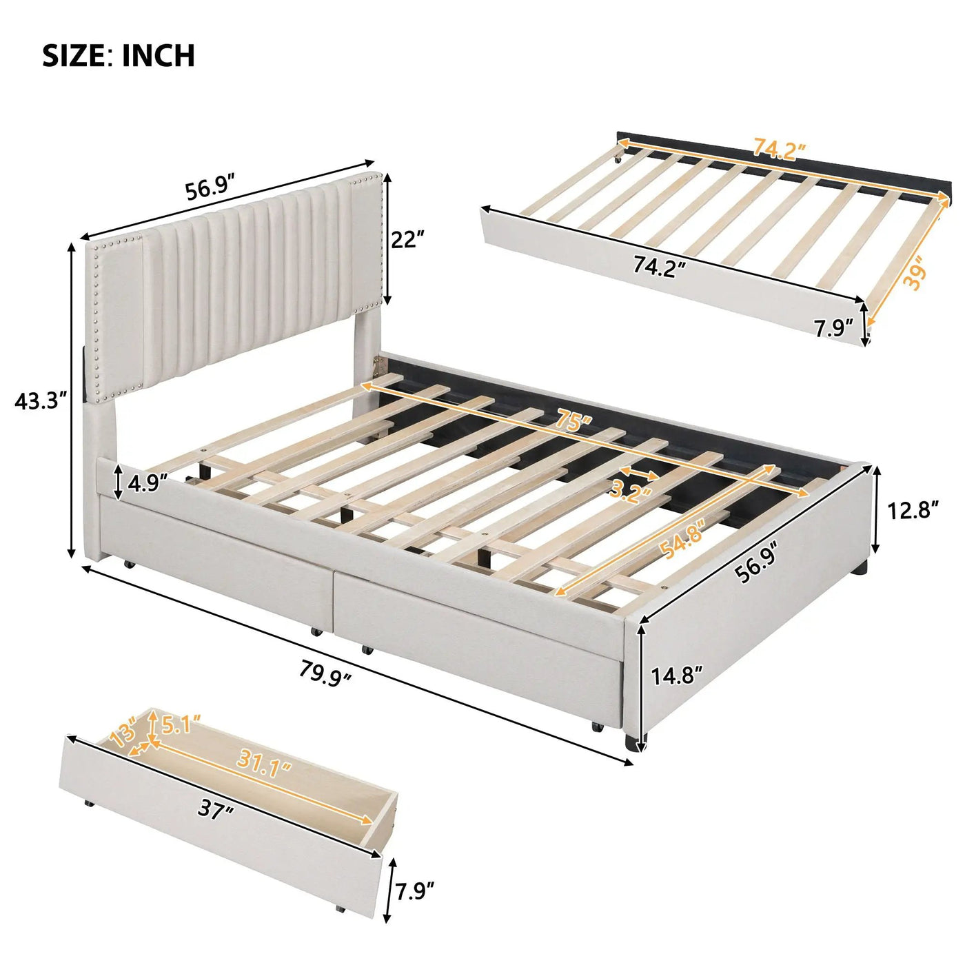 Upholstered Platform Bed With Drawers, Classic Headboard Design by Unique Piece Furniture