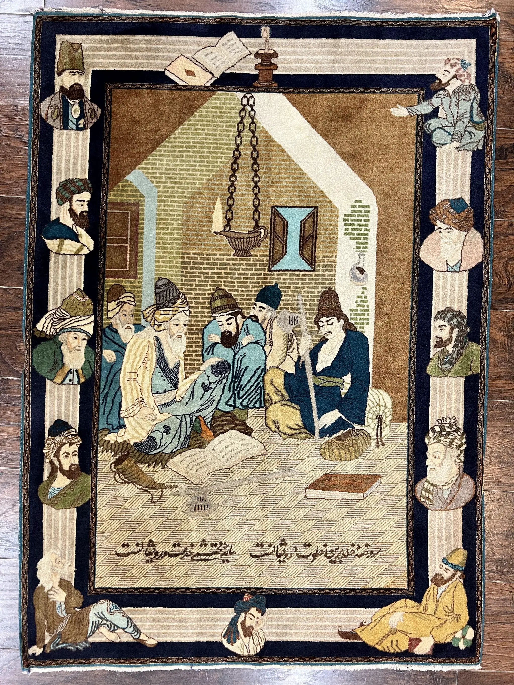 Persian Tabriz Pictorial Rug 3x5, Wall Hanging Carpet, Very Fine 60 Raj 475 KPSI, Hand Knotted Vintage Semi Antique, Wool, Persian Poetry by Jewel Rugs