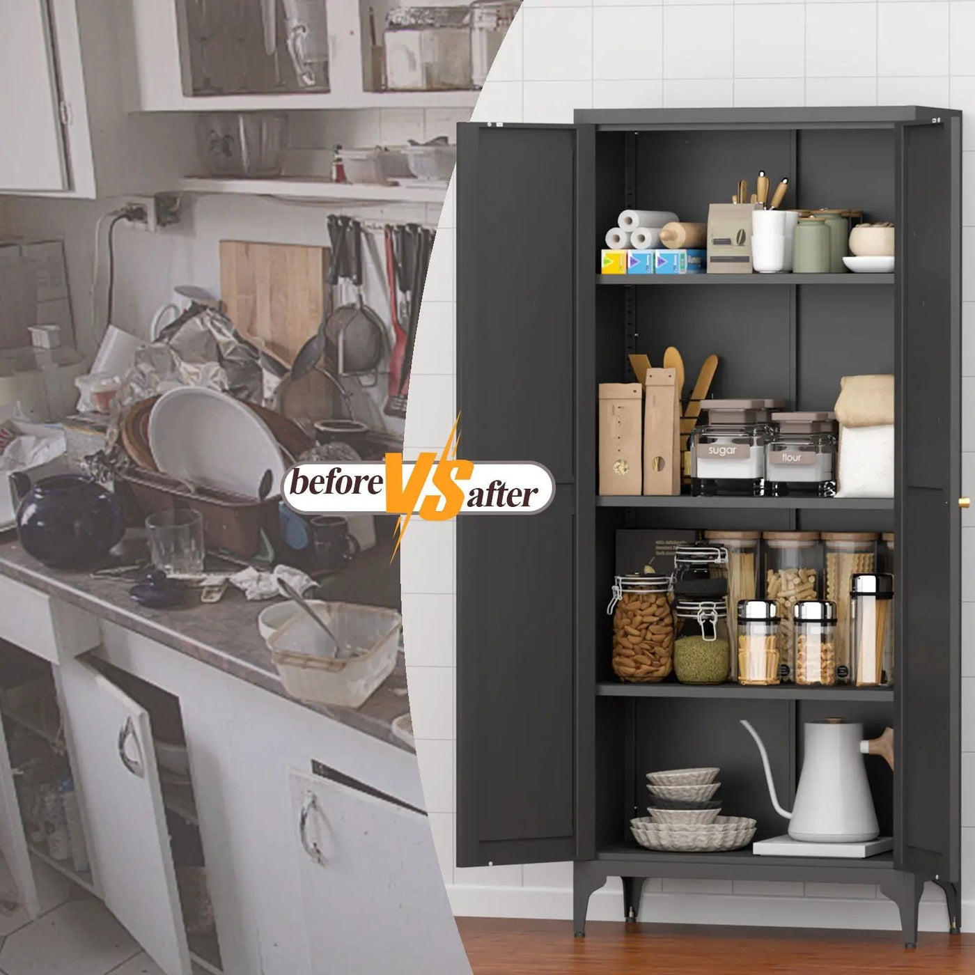 Adjustable 2 Door Kitchen Pantry Cabinet With Striped Design by Unique Piece Furniture
