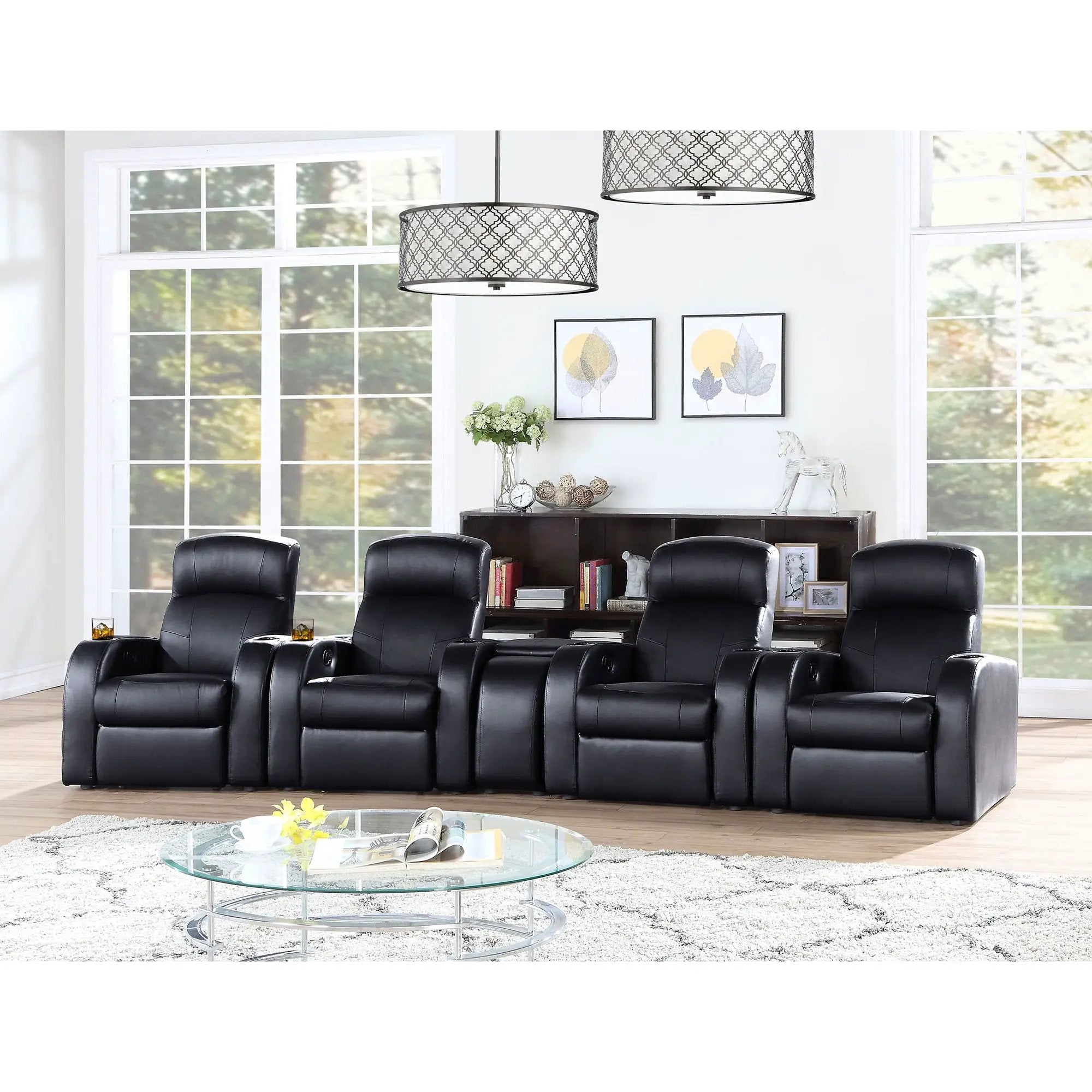 Greenfield - 4 Seater Home Theater With Wedge Console Recliners With Built In Storage And Cup Holders - Black by HouseOfZazla