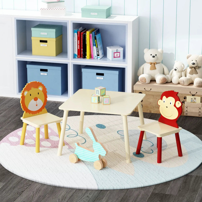 Kids Table And 2 Chairs Set, 3 Pieces Toddler Table And Chair Set, Wooden Activity Play Table Set (Lion&Monkey) - Natural by HouseOfZazla