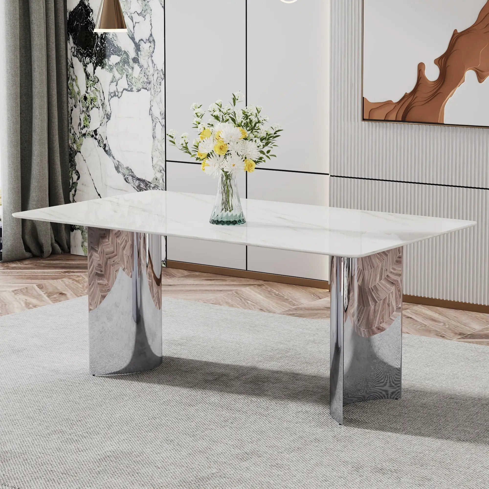 Modern Minimalist Dining Table With Marble Glass Top by Unique Piece Furniture