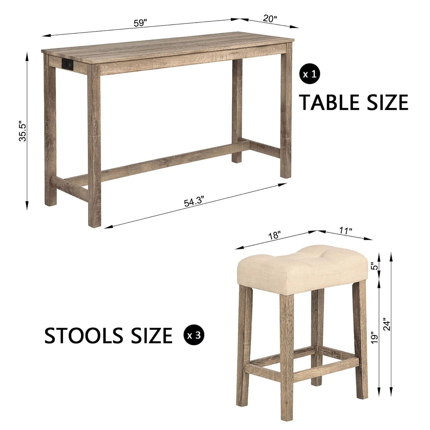4 Piece Bar Table Set With Power Outlet, 3 Padded Stools by Unique Piece Furniture