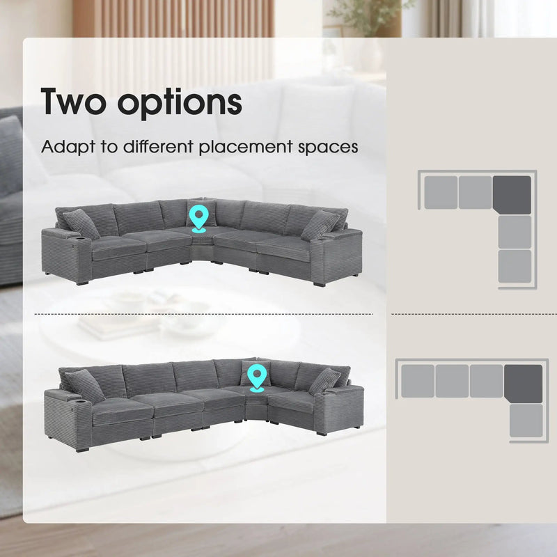 Convertible L Shaped Sectional Corner Couch With Armrest Storage Cup Holders USB Charger, Irregular Corner Oversized Comfy Modular Sofa by Unique Piece Furniture